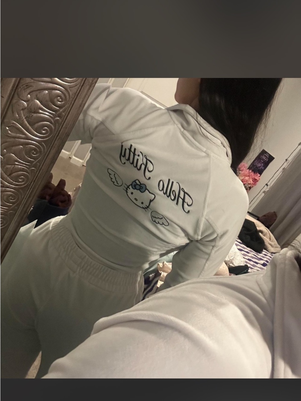 Forever 21 White Hello Kitty Embroidered Cropped Jacket with Bell bottom Pants